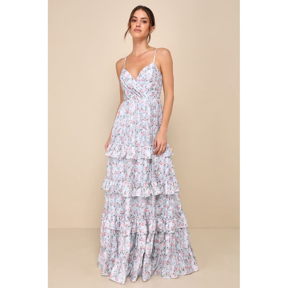 NEW Lulus‎ Perfectly Charismatic Blue Floral Tiered Ruffled Maxi Dress Lulus SM
